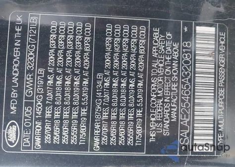 2005 Land Rover Lr3 Se из США, поврежденный, VIN SALAE25465A320818